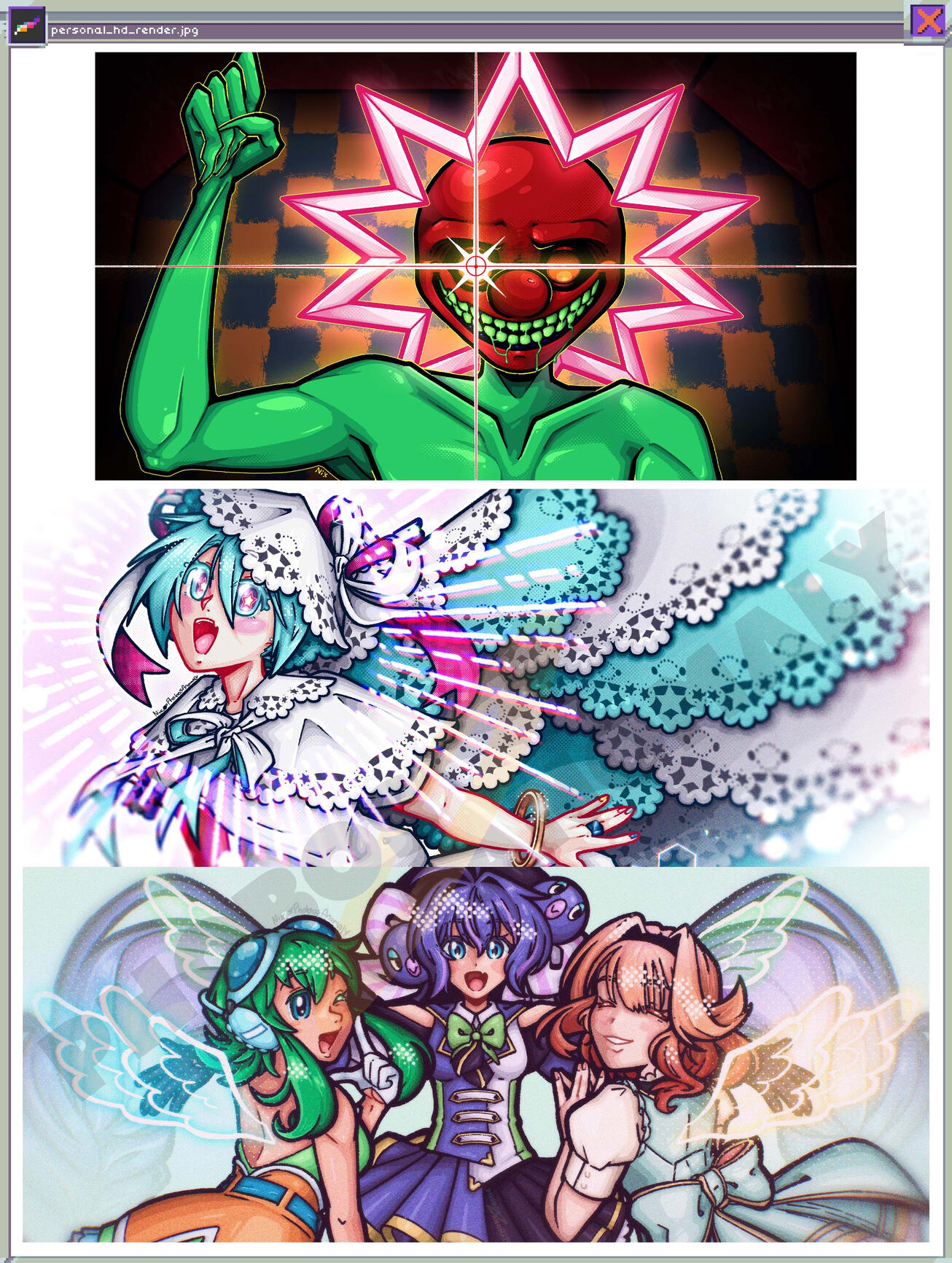 (Personal Work) Rendered Illustrations of VOCALOID MEIKO in an original outfit, and a group of 3 characters created to represent 3 "avatarless" VOCALOIDS.