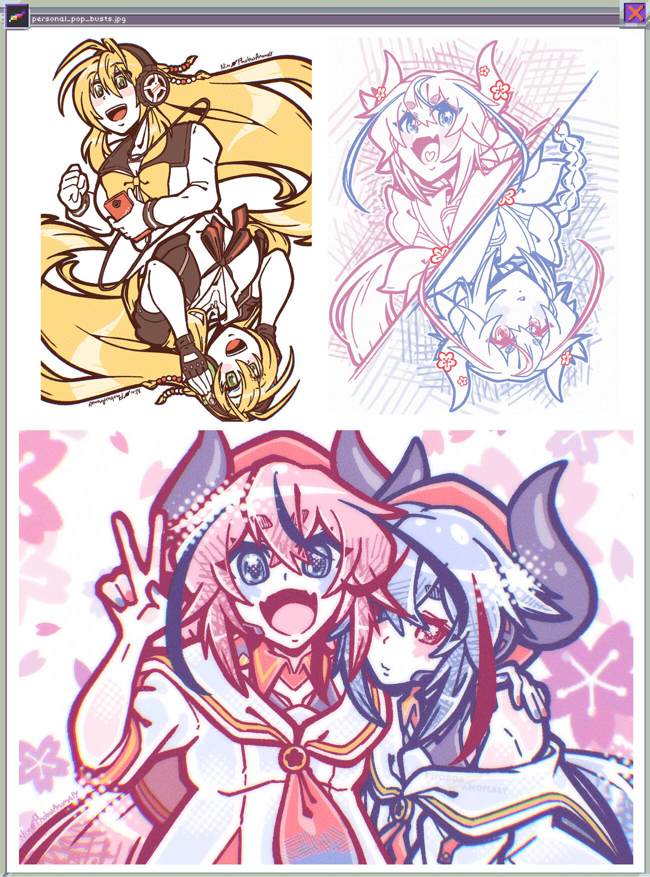 (Personal Work) A set of 3 Bust-Ups showcasing up to 2 characters per piece, the top 2 being in the "Trump Card" variation, and the bottom one being a standard landscape illustration