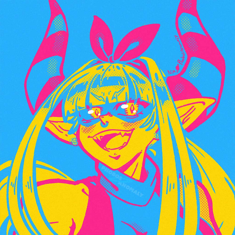 (Personal Work) POP-style illustration of original character Aofie Adzaezel using colors from the Pansexual flag.