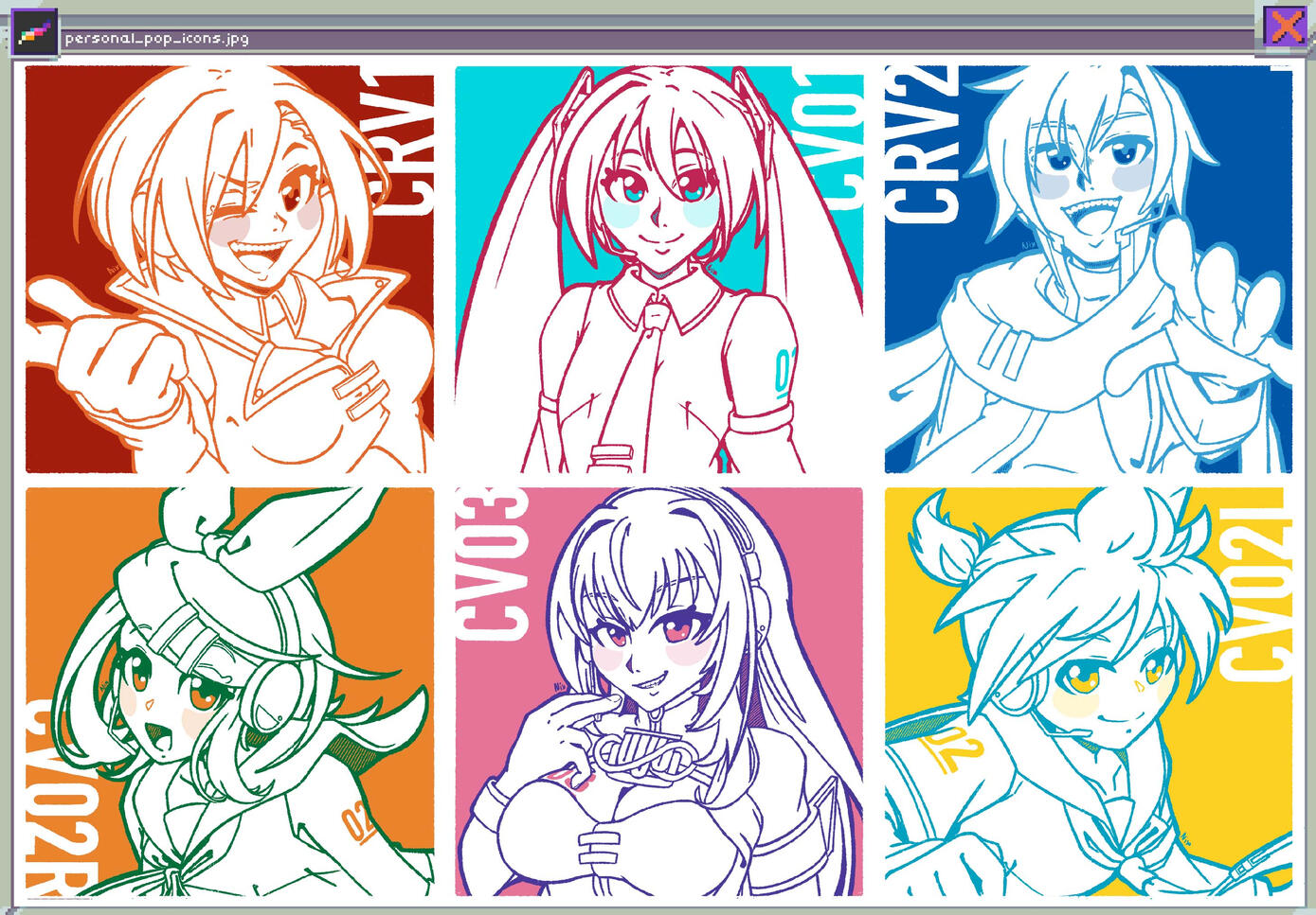 (Personal Work) Icon set of Crypton Future Media's VOCALOID characters, based of their Piapro SUPER PACK designs.
