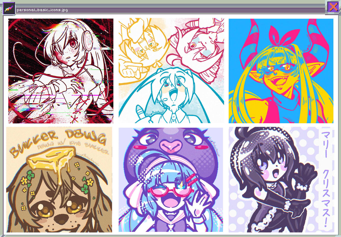 (Personal Work) A variety of POP icons, one featuring a black and red background with heavy use of effects, a simple group of 3, and one illustration using the colors from the Pansexual pride flag. The bottom row showcases the "mini" style.