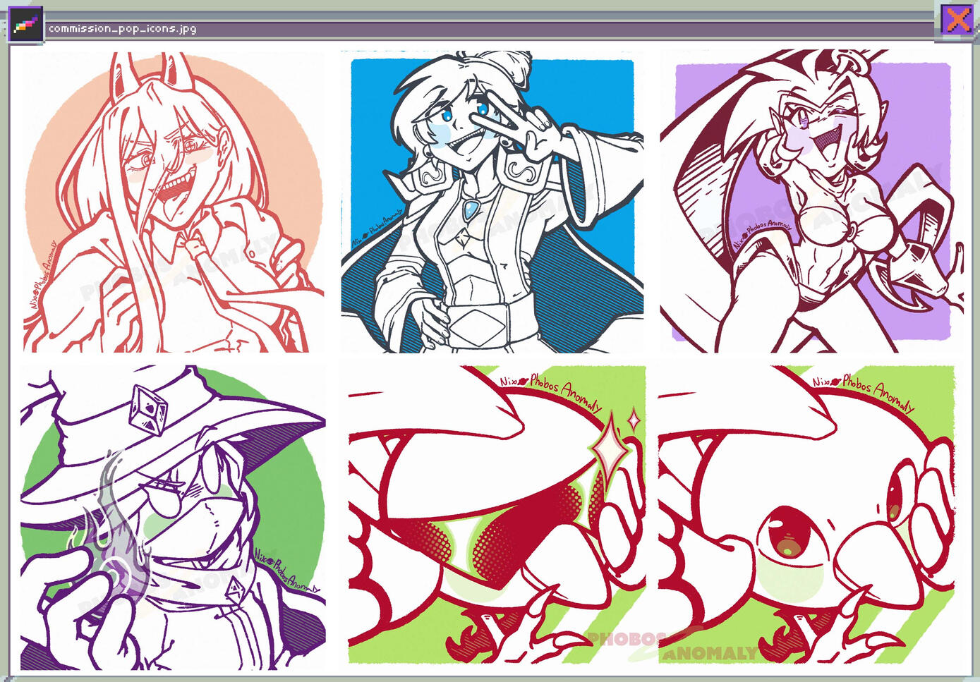 (Commission Work) A variety of characters drawn in the simplistic POP style including a Pokemon, a client's original character, and three anime-styled women.