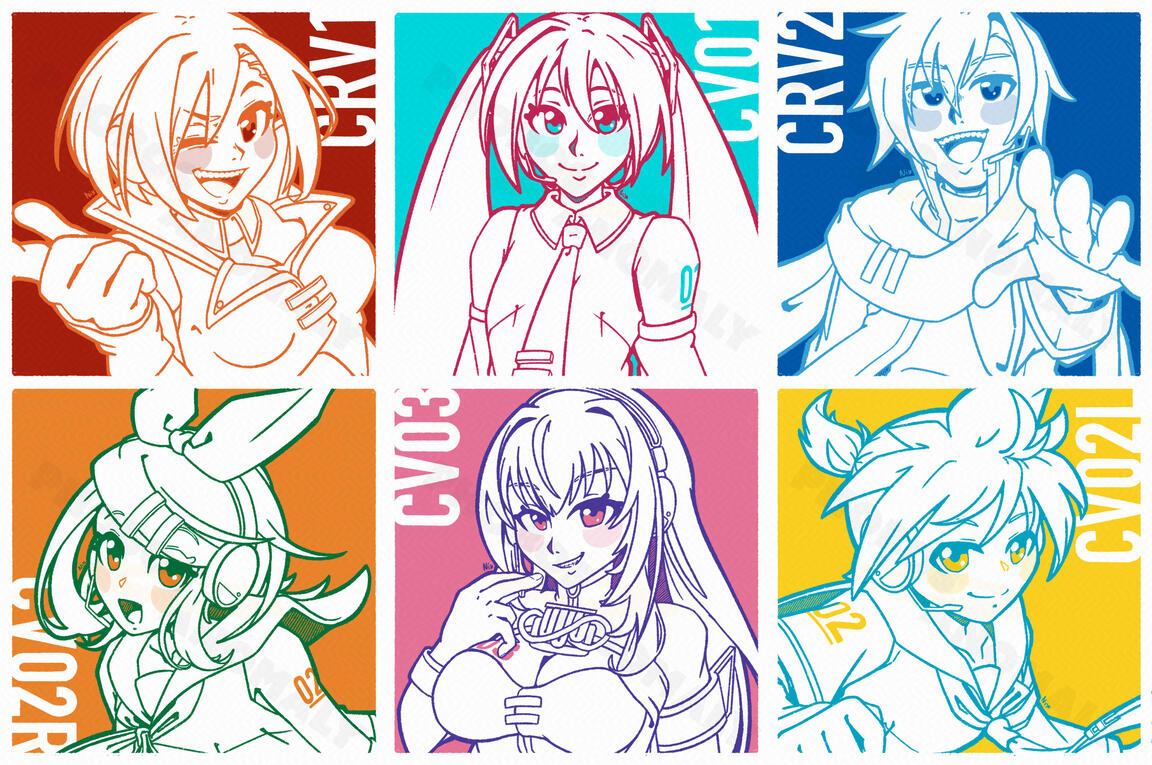 (Personal Work) Icon set of Crypton Future Media's VOCALOID characters, based of their Piapro SUPER PACK designs.