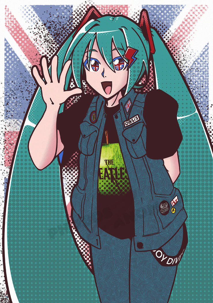 (Personal Work) SOLID-style illustration of VOCALOID Hatsune Miku inspired by various British bands.