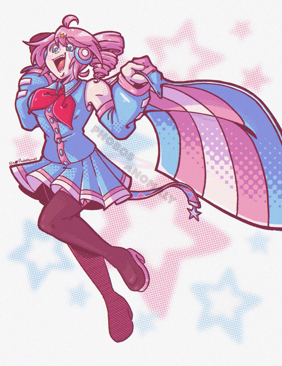 (Personal Work) Basic Shaded Illustration of Kasane Teto holding the transgender pride flag.