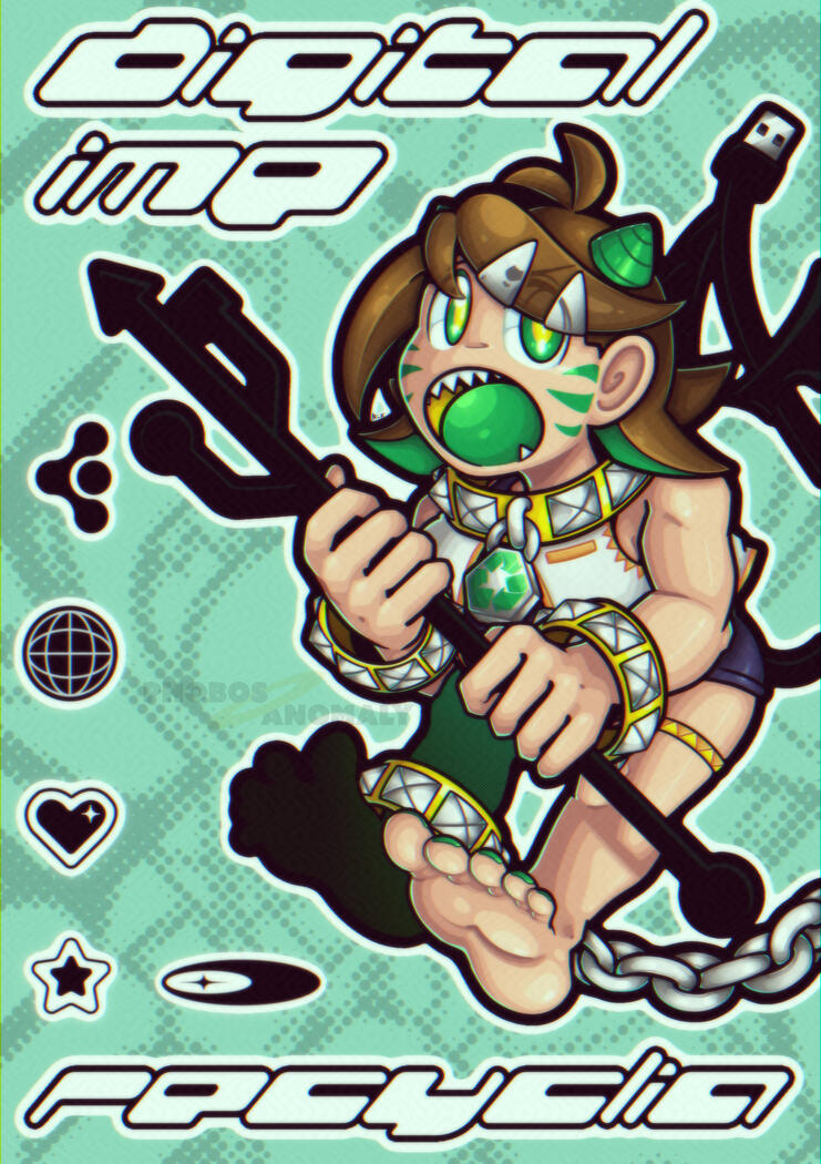 (Personal Work) VIVID-STYLE Illustration of original character Recyclia, set against a vaguely Y2K inspired background.