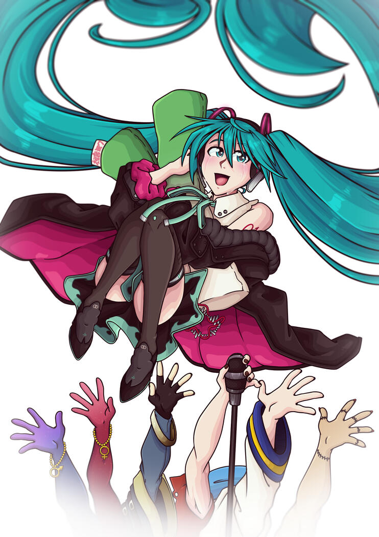 (Personal Work) VIVID style of Hatsune Miku in an alternate outfit being thrown in the air by six hands beneath her (pre-)2023