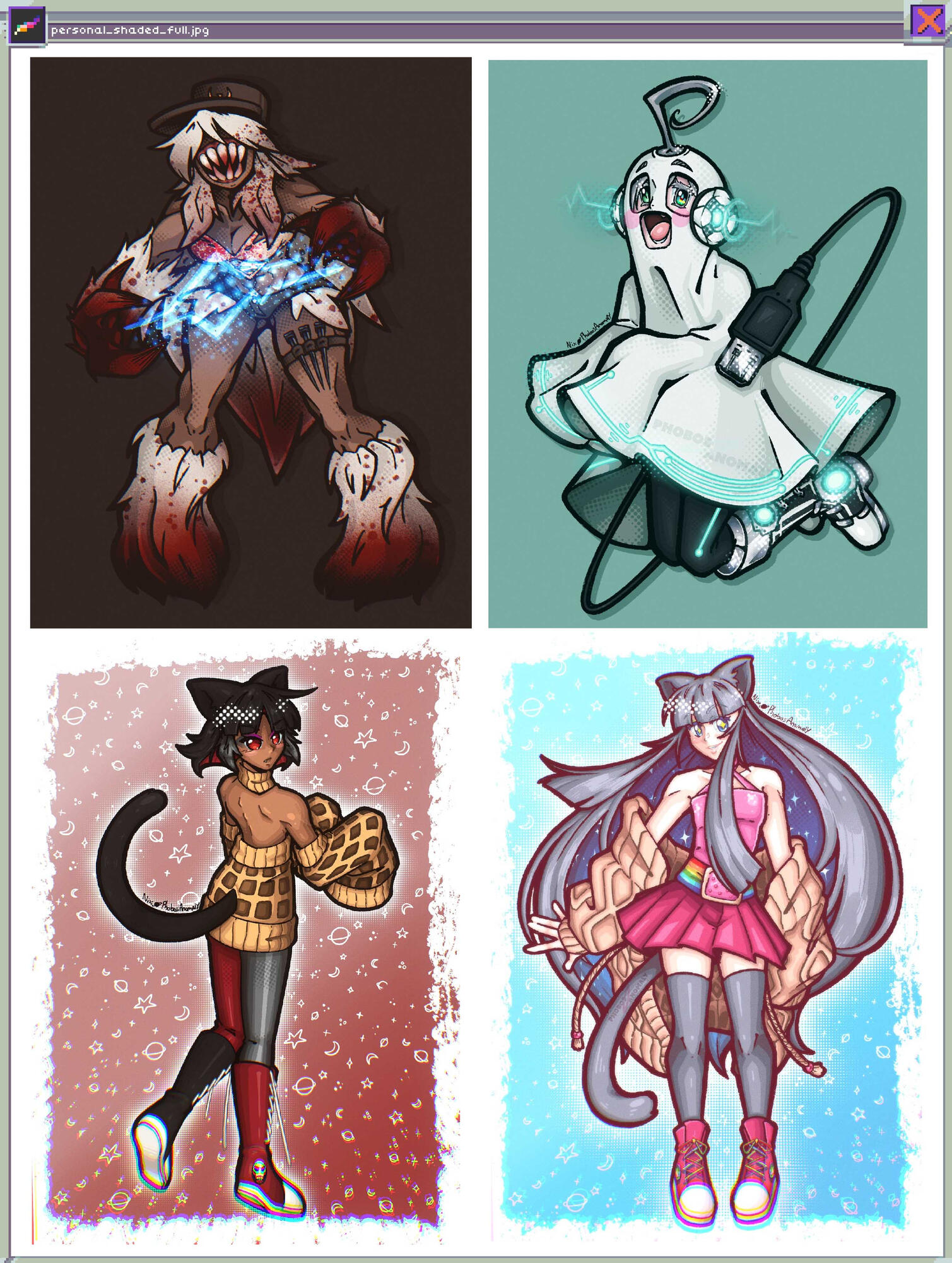(Personal Work) 4 full body illustrations - a "humanoid" design of the Quake Shambler, VOCALOID Utatane Piko as a ghost, and 2 original designs based on the Internet meme "Nyan Cat"