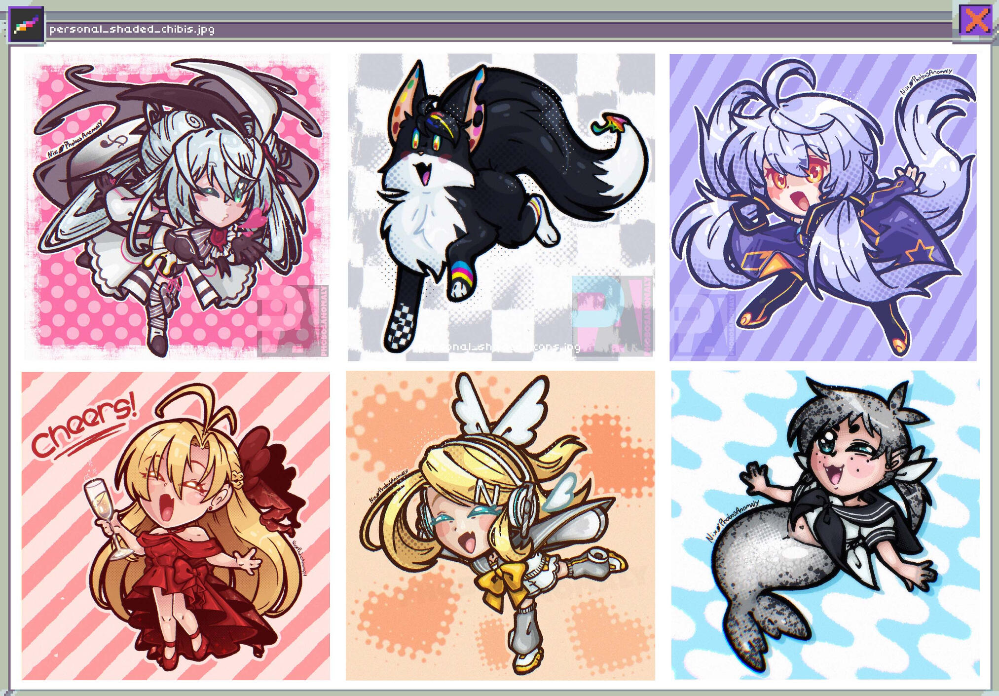 (Personal Work) Shaded Chibi Icons of various vocal synth characters and 2 original characters (black fox &amp; seal girl)