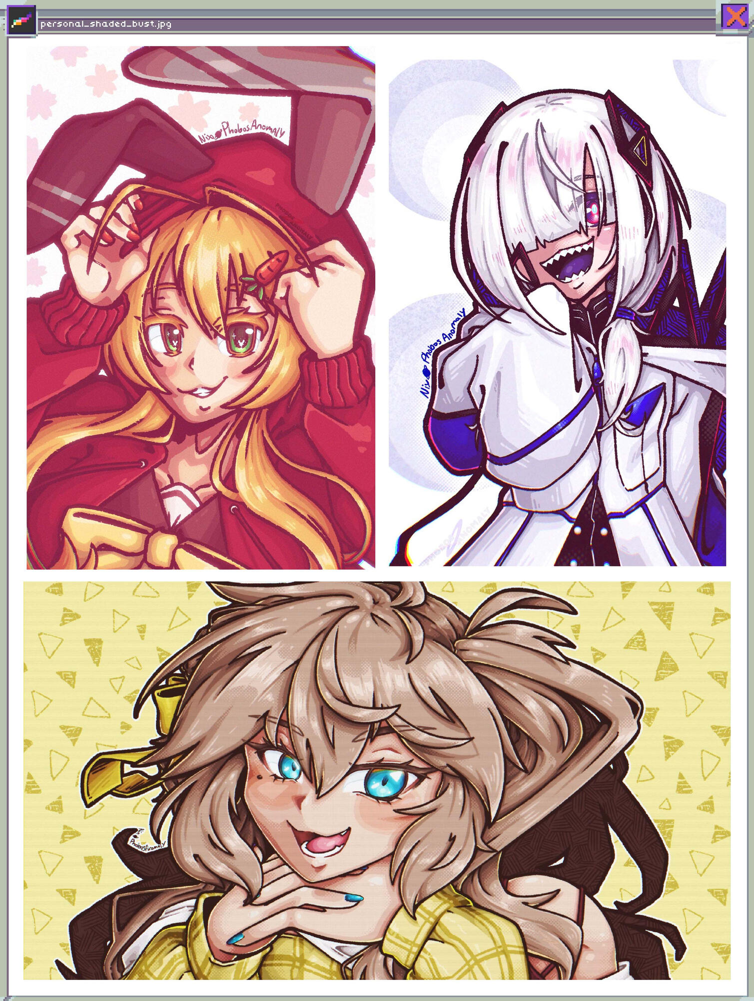 (Personal Work) 2 portrait bust-ups of Tsurumaki Maki in a modified version of her VOICEPEAK hoodie, a modified version of CeVIO AI KAFU, and a landscape bust up of VOCALOID Kasukabe Tsumugi.