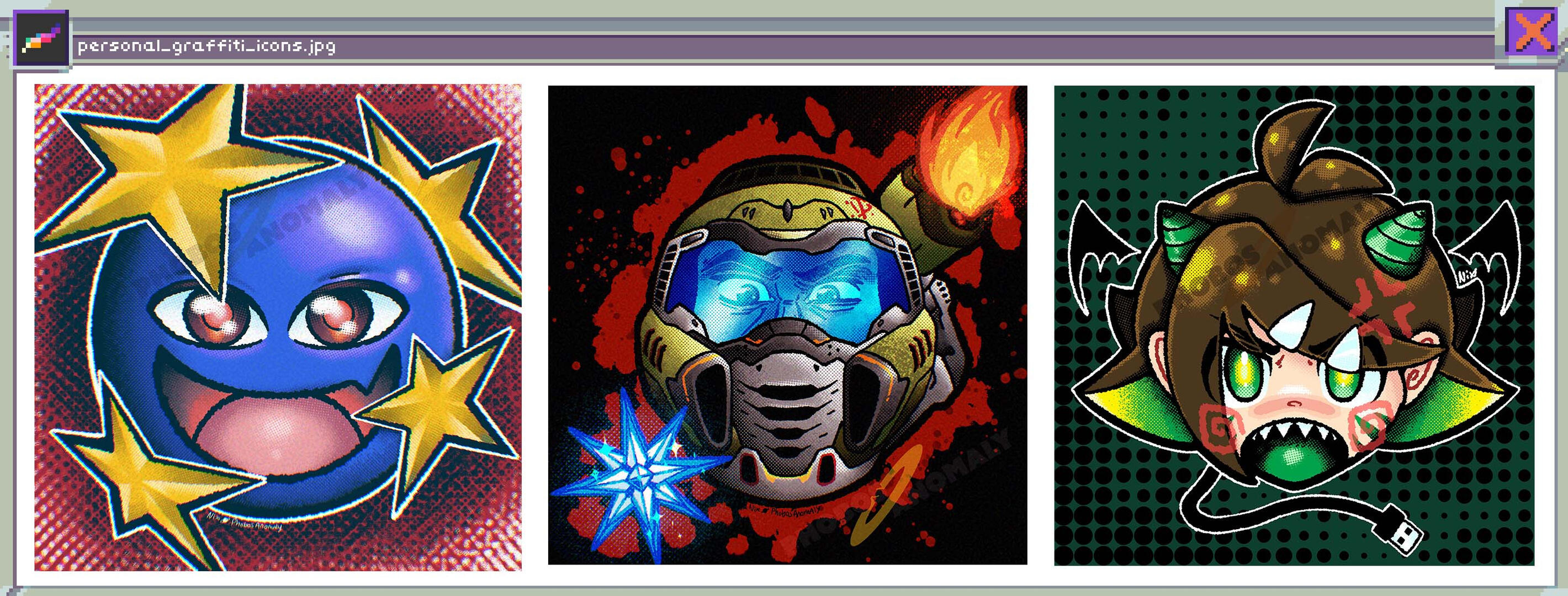 (Personal Work) A selection of Graffitti style icons, featuring Bion from Psycho Patrol R, Doomslayer, and an original character.