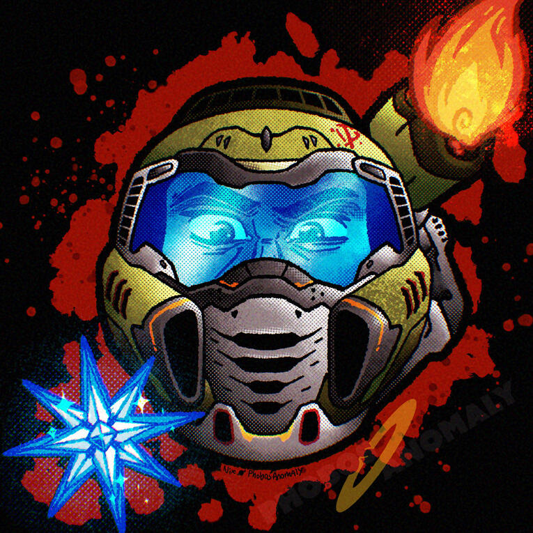 (Personal Work) Graffiti-style headshot of the DoomSlayer from the DOOM sereis of games.