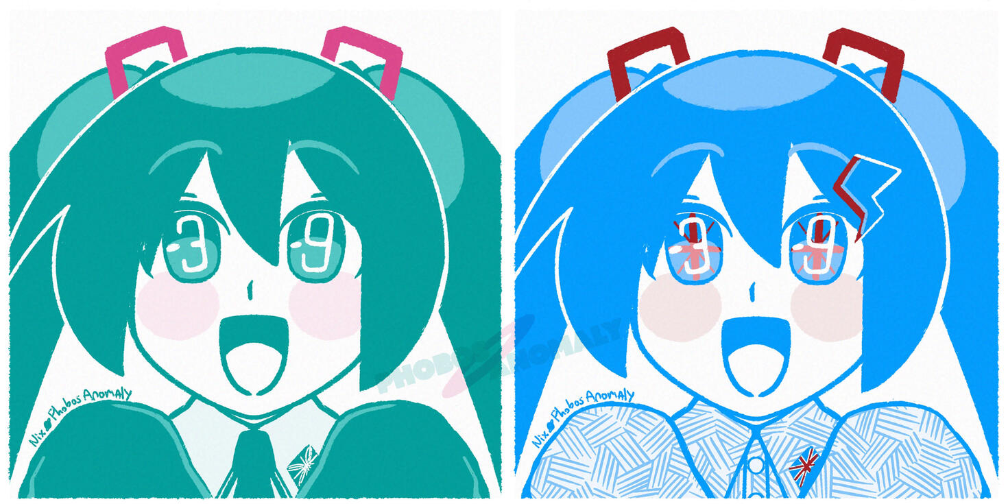 (Personal Work) A pair of icons of Hatsune Miku, one in her original outfit and another in her British design styled by myself.