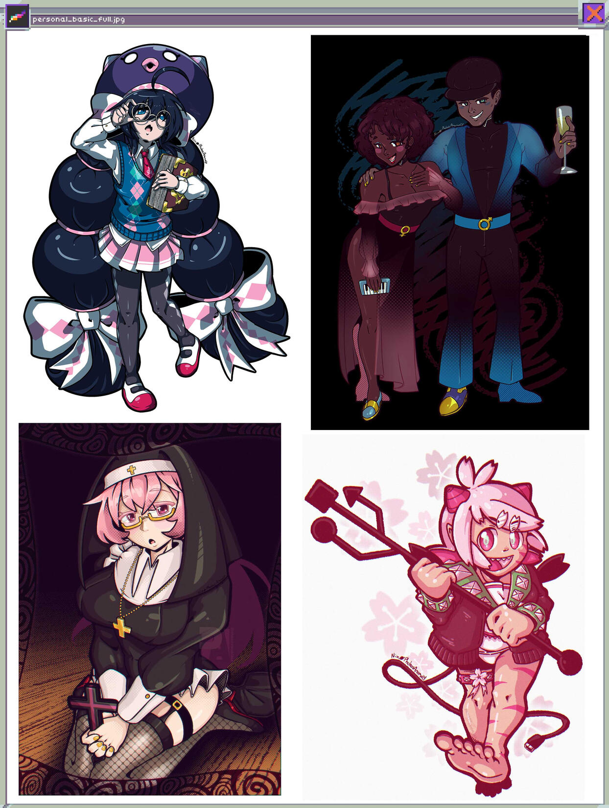 (Personal Work) A set of 4 basic shaded illustrations, 3 of the 4 being costumes designed by myself, whilst image no 3 is of Megurune Luka as she appears in Sawtowne's "Confessions of a Rotten Girl"