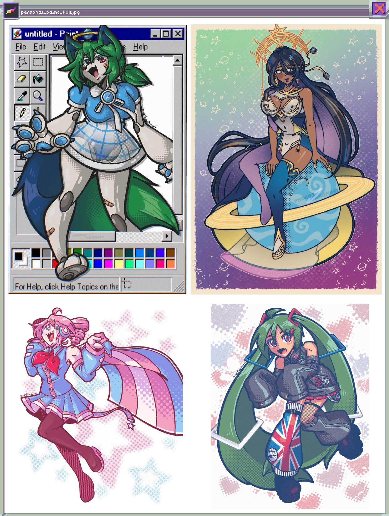 (Personal Work) 4 basic rendered illustrations, the top 2 focusing on the subject character interacting with a background object, whilst the lower 2 showcase simple yet cute posing.