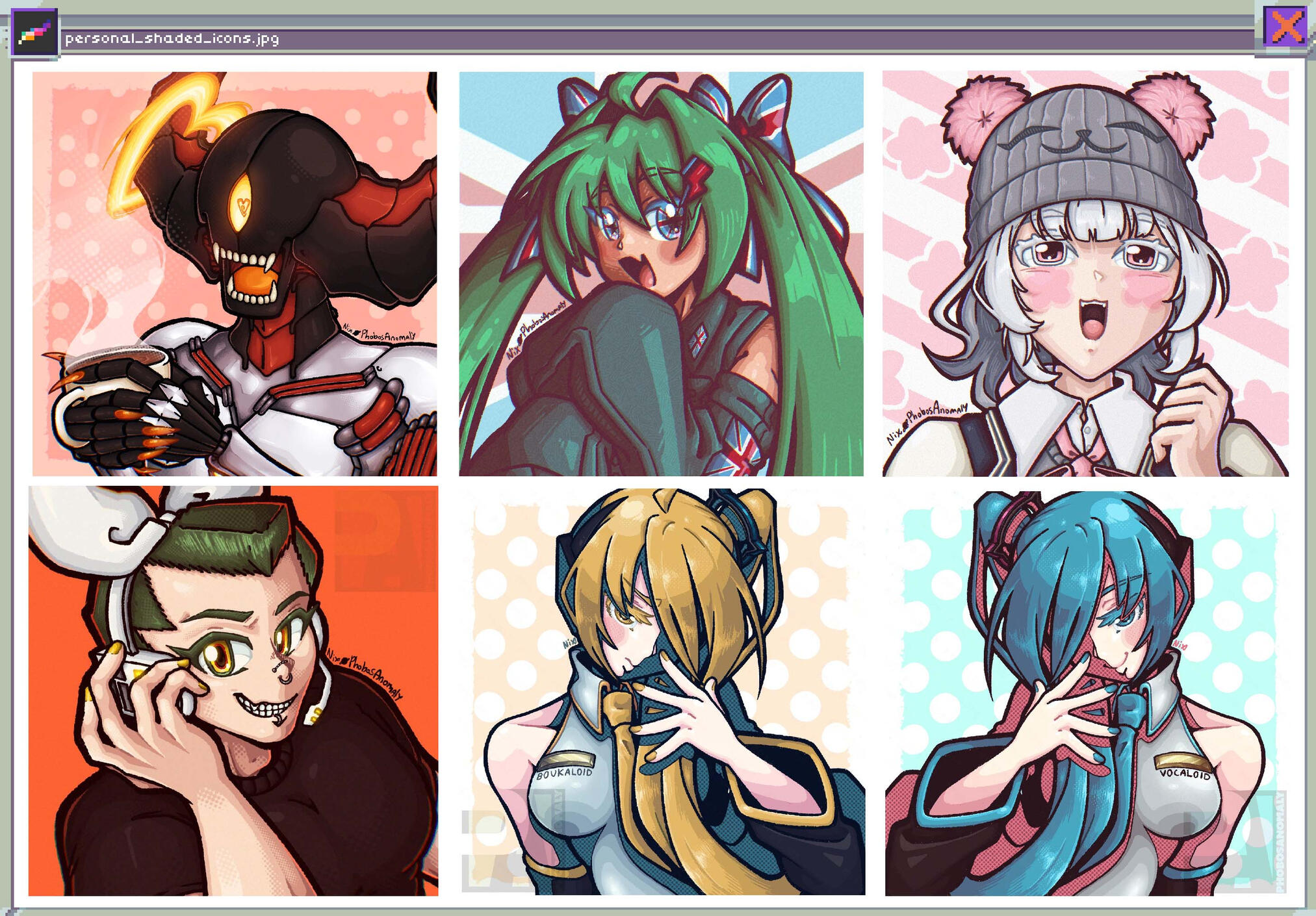 (Personal Work) 6 Shaded illustrations - the 2 on the left feature original characters by myself, including a cyborg/demon and a male human. The other icons showcase various female vocal synth characters.
